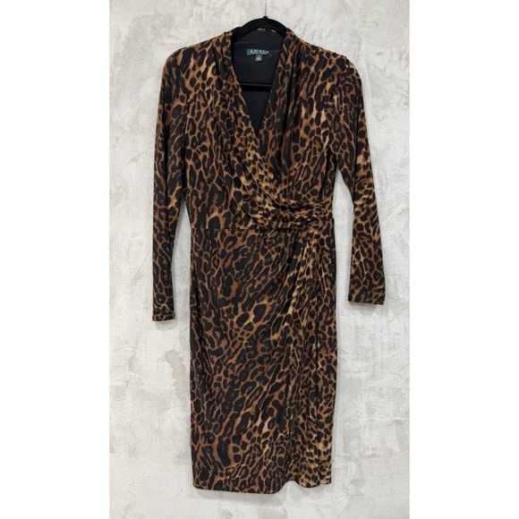 Ralph Lauren Dresses & Skirts - Lauren Ralph Lauren Leopard Print Faux Wrap Ruched Sheath Dress Women's 6